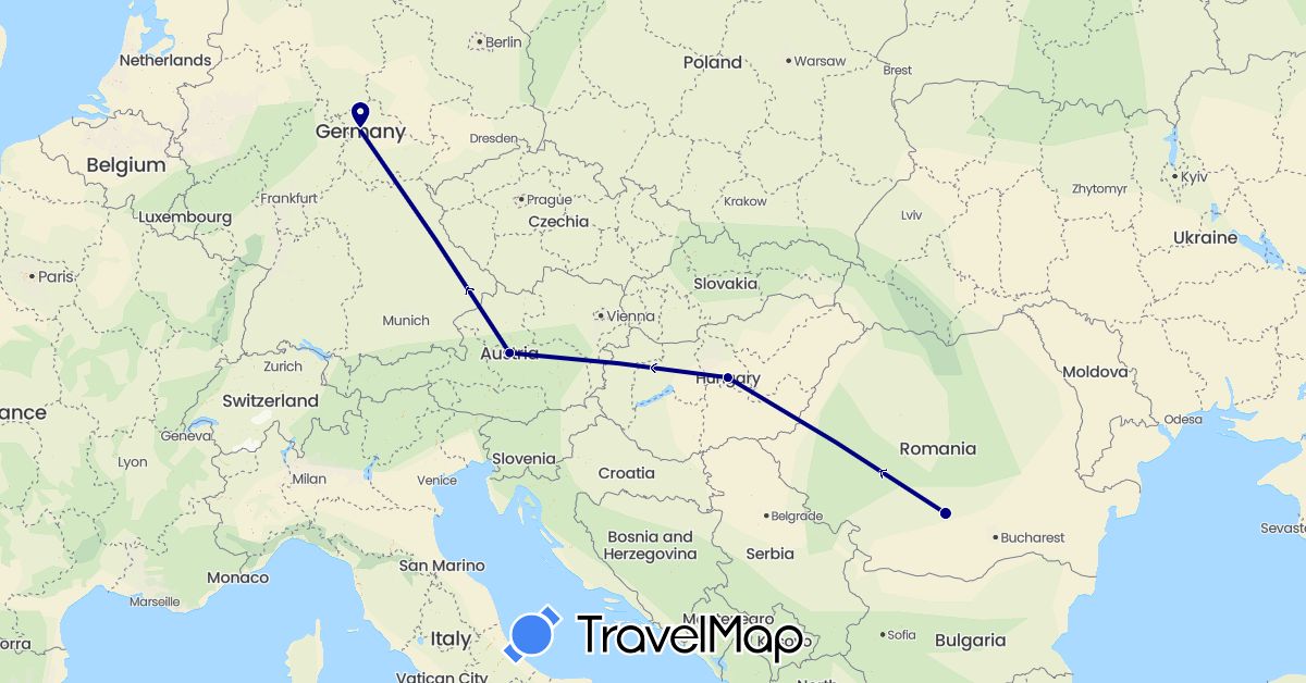 TravelMap itinerary: driving in Austria, Germany, Hungary, Romania (Europe)